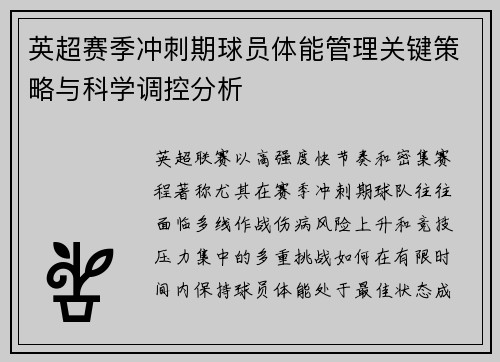 英超赛季冲刺期球员体能管理关键策略与科学调控分析